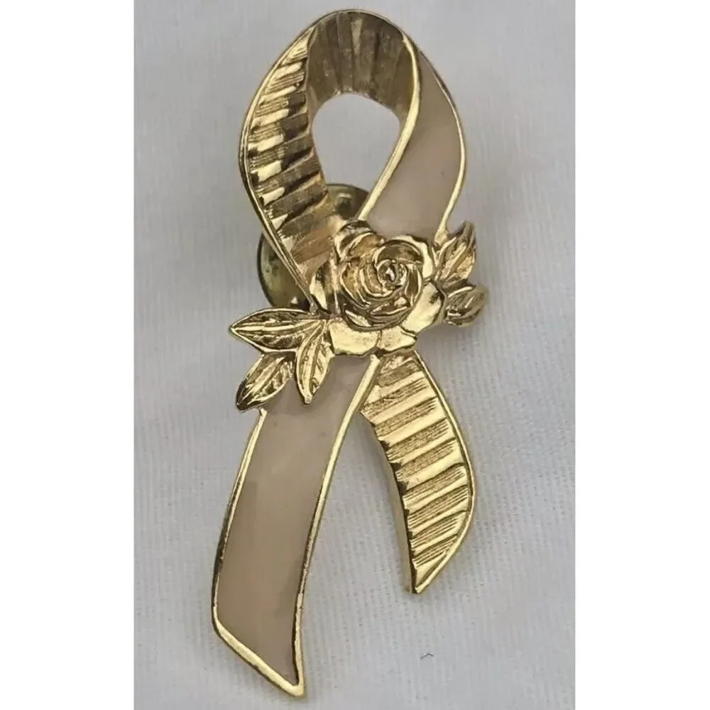 Avon Gold Tone Pink Awareness Ribbon Rose Lapel Pin Vintage Brooch